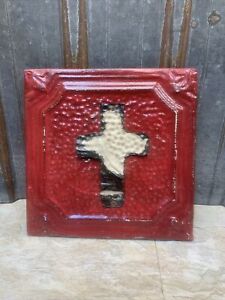 Vintage Reclaimed Metal Ceiling Tile Art Square Cross Religious Homemade