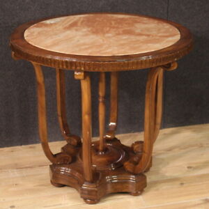 Living Room Round Side Table With Marble Top In Walnut Wood Antique Style 900