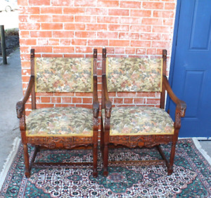 French Antique Renaissance Pair Of Walnut Wood Upholstered Arm Chairs