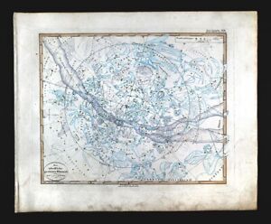 1840 Stieler Map North Sky Star Chart Polaris Milky Way Astronomy Pole Herakles