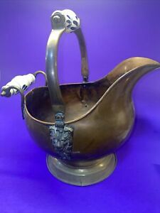 Vintage Scuttle Coal Bucket Copper And Brass Helmet Ceramic Handle Lion S Head