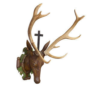 Antique Wooden Carved Black Forest Hubertus Stag Head With 12 Point Trophy