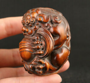 Rare Japanese Chinese Boxwood Handwork Kirin Statue Hand Piece Netsuke