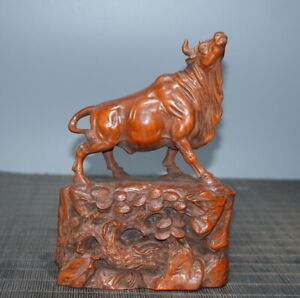 6 Collect Chinese Box Wood Carving Animal Cattle Stand Pine Tree Statue