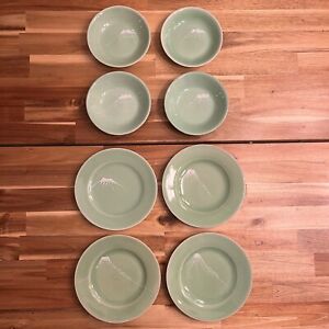 Celadon Mt Fuji Japanese Nabeshima Green Porcelain Plate Bowl Vintage Set Of 8