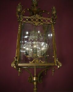 Large Lantern Lamp Heavy Antique Bronze Chandelier Lead Cut Glass 17 