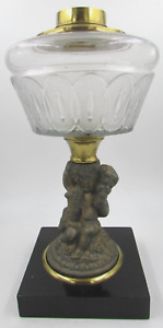 Lovely Antique Composite Kerosene Lamp Figural Grape Harvest Cherub With Dog