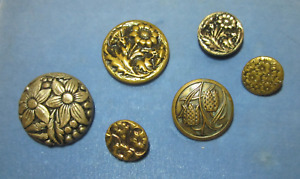 Lot Of 6 Antique Brass Picture Buttons Flowers Tulips Thistles