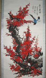 Chinese Hand Painted Scroll Painting About Magpie On Plum Shoots 