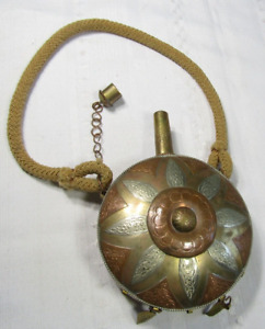 Vintage Moroccan Berber Etched Brass Copper Dinking Flask Or Gun Powder Flask B6
