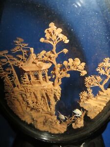 Vintage Antique Carved Chinese Wood Ancient Village Black Lacquered Glass Frame