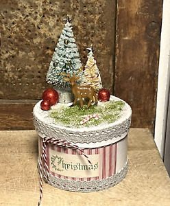 Christmas Reindeer Paper Mache Box Bottle Brush Tree Grubby Primitive Ooak Gp