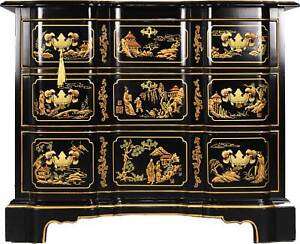 Vintage Chinoiserie Gilt Decorated Blockfront 3 Drawer Chest Et Cetera Collectio
