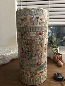 Early 20th Century Asian Famille Rose Umbrella Stand Hand Painted 19 Inches