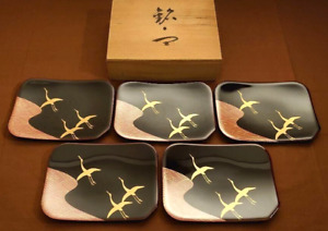Japanese Wajima Lacquer Wooden Rectangle Sweets Plates Set Of 5 Makie W Box Fs