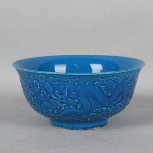 Chinese Porcelain Color Painted Relief Dragon Pattern Bowl Lake Blue Glaze A84
