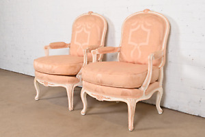 French Provincial Louis Xv Carved Painted Walnut Fauteuils Pair