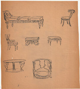 Neoclassical Furniture 7 Pen Ink Sketches C 1900 Klismos Chair Etc