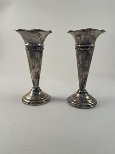 Antique Sterling Weighted Trumpet Vase Pair 5 5 