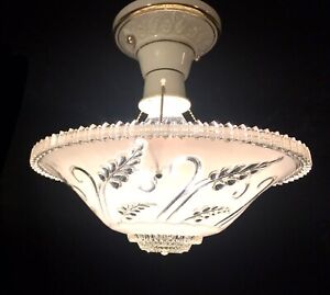Vintage Porcelier 3 Chain Chandelier Porcelain Ceiling Light Fixture Glass Shade
