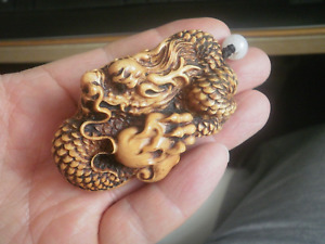 3c Carved Wood Netsuke Dragon Curled Up With Cord Handle Cypress Wood Figure