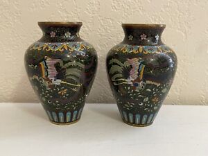 Antique Japanese Mirrored Pair Of Cloisonne Vases W Phoenix Goldstone Floral Dec
