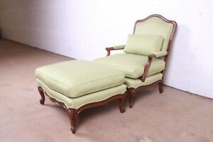 Minton Spidell French Provincial Louis Xv Carved Walnut Fauteuil With Ottoman