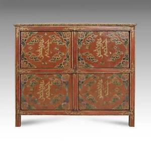Rare Antique Cabinet Painted Pine Wood Tibet Buddhism Chinese Furniture 19th C 