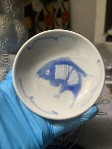 2 Vintage Chinese White W Blue Koi Fish Sauce Plate Dish 3 1 2 Diameter