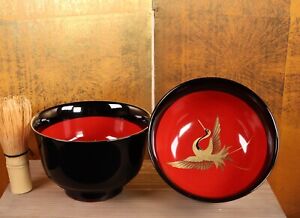 Vintage Japanese Gold Lacquerware Crane Pattern Pair Of Haisen Bowl Container