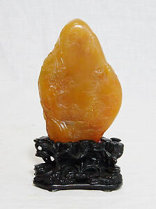 Nice Hand Carved Chinese Yellow Shou Shan Stone Boulder 11