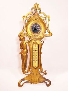 French Art Nouveau Antique Thermometer Brass Aesthetic Movement With Maiden