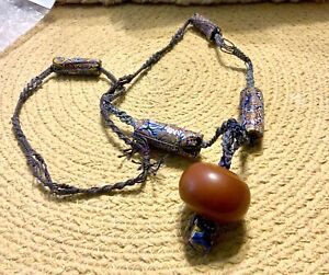 Antique Trade Bead Necklace With Faux Large Horn Bead