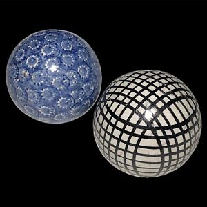 Antique Scottish Stoneware Carpet Balls Piggies Blue Sponged Calico Black Stripe