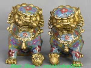 Old Chinese Cloisonne Enamel Bronze Gilt Fengshui Foo Fu Dog Guardion Lion Pair