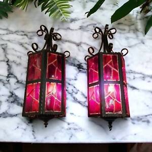 Vintage Large Stained Glass Lanterns 2 Red Leaded Stained Glass Porch Lanterns