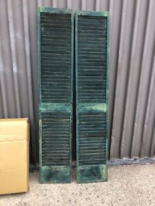 Pair C1880 Antique Victorian Louvered House Window Shutters Green 76 H X 15 W