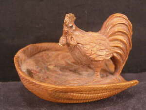 19c Antique Hand Carved Chicken Rooster Figure Miniature Wood Figurine Glass Eye