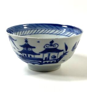 Antique Chinese Export Blue White Canton Nanking Landscape Pagoda Bowl Qing