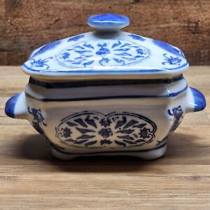 Chinese Canton Chinoiserie Blue White 7 X 5 Covered Dish Mint