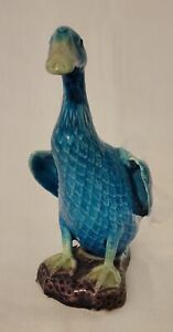 Antique Chinese Sancai Turquoise Aubergine Porcelain Duck Statue