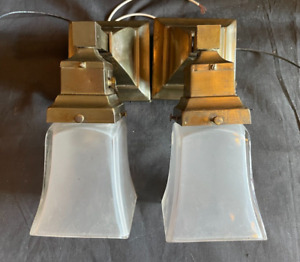 Pair Of Mission Square Stock Brass Wall Sconces Jefferson Shades C 1910