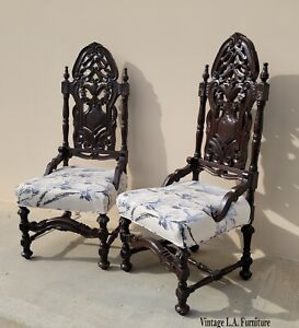 Pair Of Vintage Ornate Spanish Style Accent Throne Chairs W White Floral Fabric