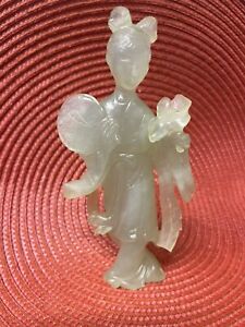 Vtg Finely Carved Chinese Green Jade Jadeite Female Immortal Guan Yin 70s Signed