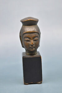 Vintage Khmer Or Thai Cast Metal Buddha Head On Wooden Stand 5 Inches Tall 