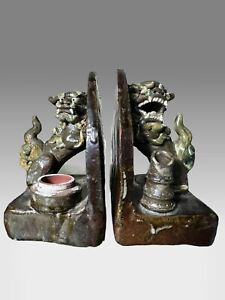 Vintage Chinese Pair Of Foo Dog Figurine Book Ends Pottery Glazed