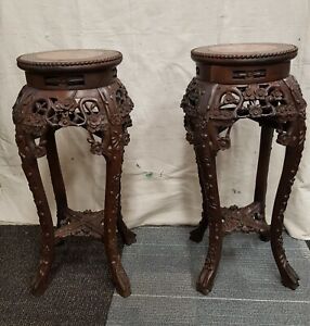 Pair Of Antique Chinese Carved Rosewood Marble Top Plant Stands Side Tables