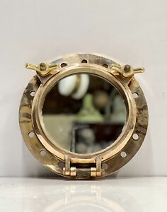 Heavy Brass Original Ship Salvage Vintage Round Porthole Hatch With Mirror Glass
