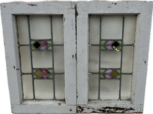 Small Antique 1920s Stained Leaded Glass Transom Windows 21 By 13 