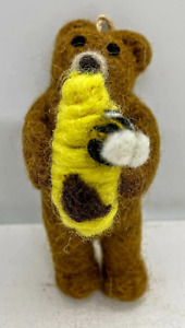 Primitive Folk Art Handmade Felted Wool Honey Teddy Bear W Beehive Ornament